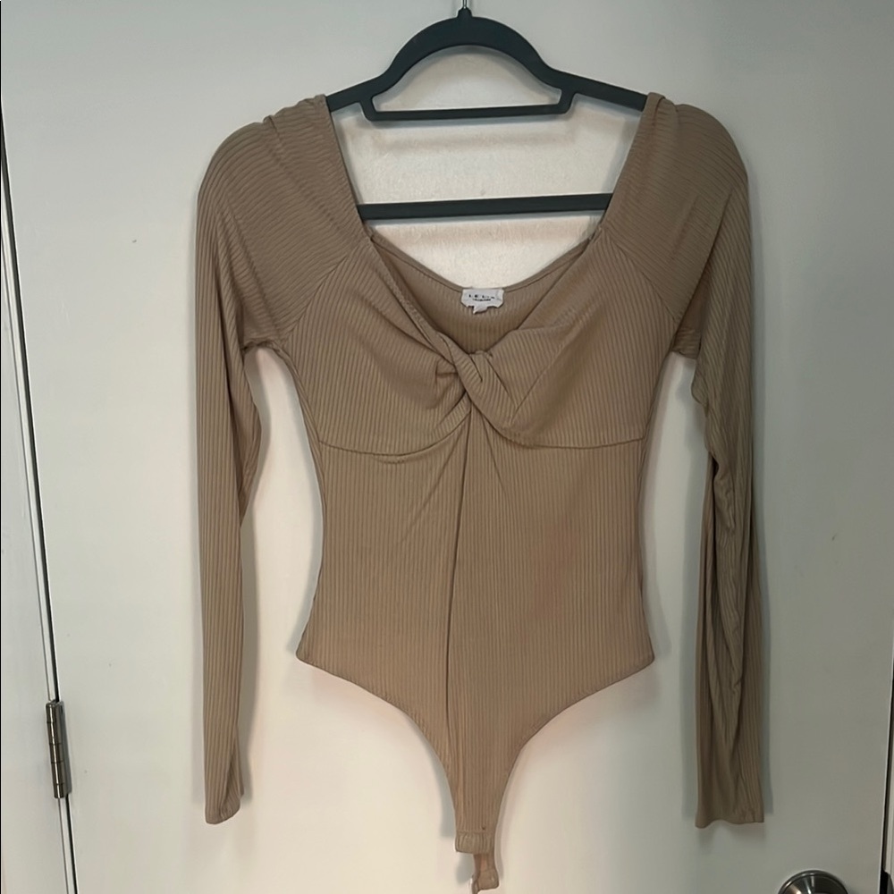 Ribbed Knot-Front Long Sleeve Bodysuit - Beige